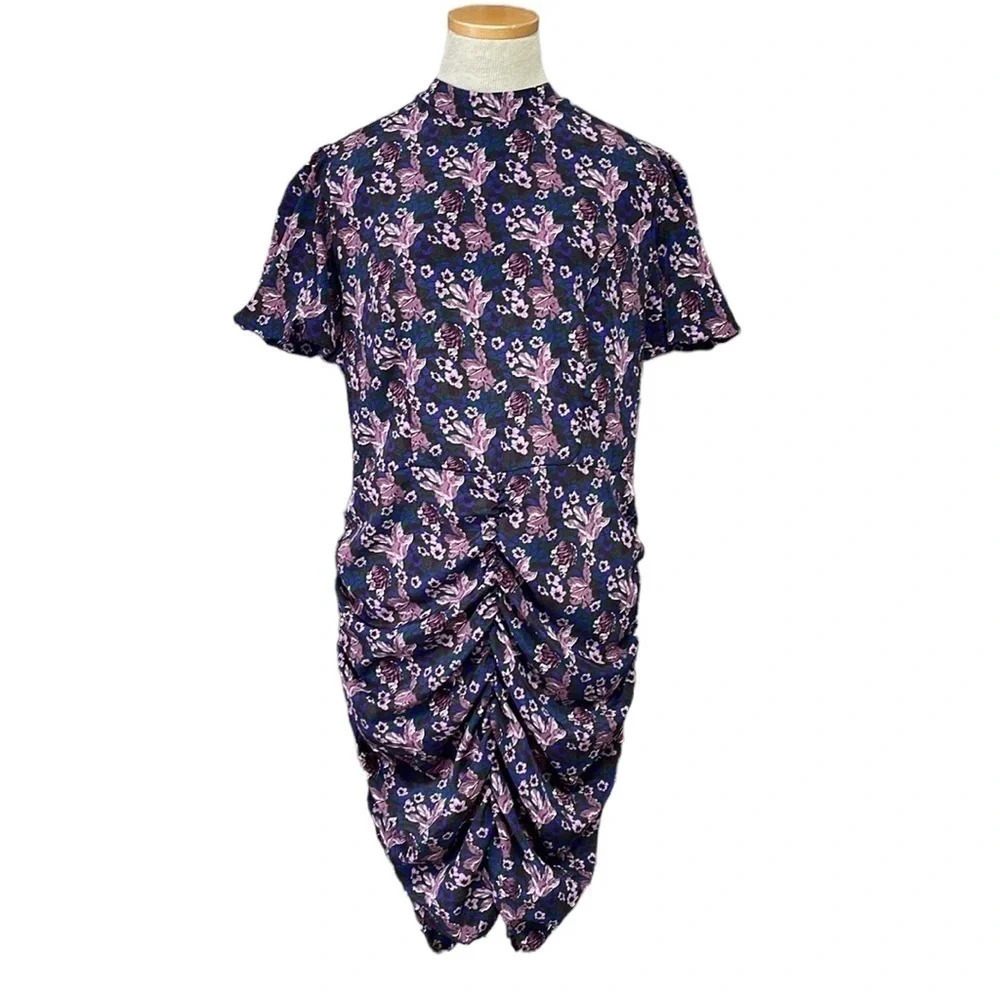 Melrose and Market Dress Ruched Ruffle Floral Purple Blue Size Large